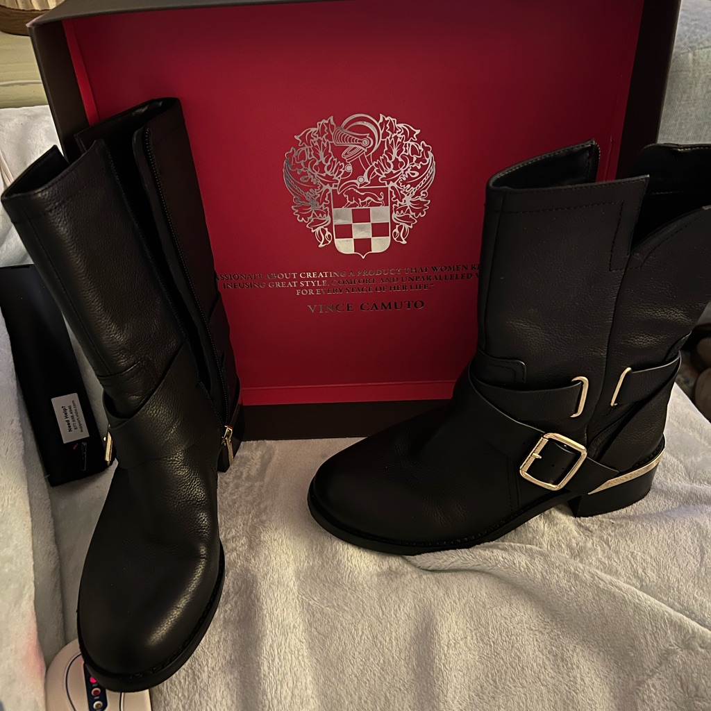 New Vince Camuto Wethima Black Leather Moto Boots - Size 7 New